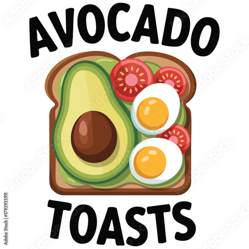 Avocado toast breakfast with tomatoes eggs isolated vector illustration on white background