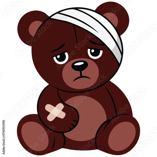 Bear with bandaged head and hand injury isolated vector illustration on white background