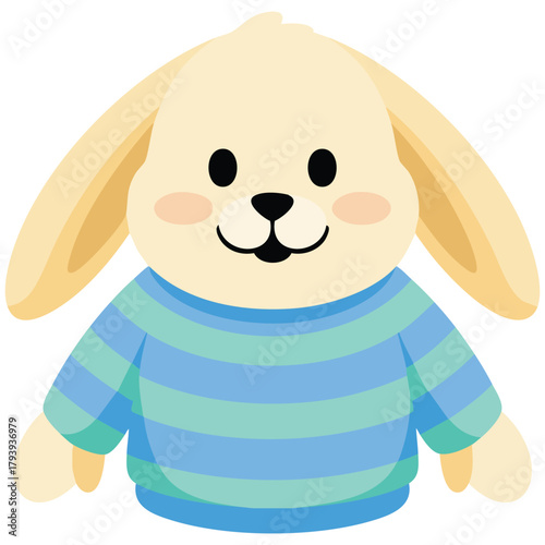 Cute bunny with rosy cheeks striped sweater isolated vector illustration on white background