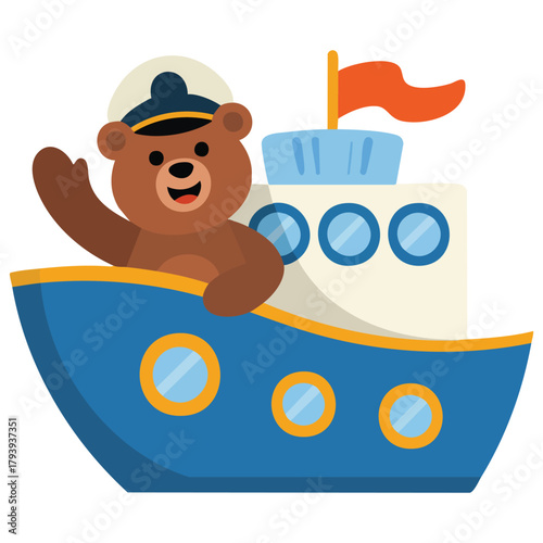 Boat with bear captain steering isolated vector illustration on white background