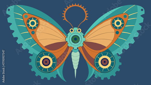 Steampunk butterfly illustration combining mechanical gears and natural form. A detailed, unique, and retro-futuristic design in teal and copper tones perfect for vintage, innovation, and creative pro