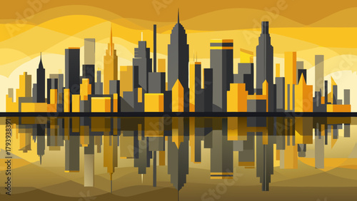 Dramatic cityscape illustration with silhouetted skyscrapers reflected in water, set against a golden sky. A powerful, modern, and elegant flat design perfect for business, travel, and sunset themes.