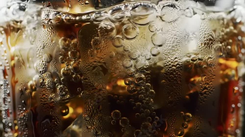 Fizzy drink with ice cubes in a glass.