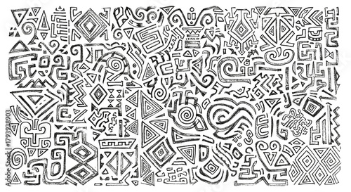 Wallpaper Mural Captivating monochrome abstract pattern with tribal geometric shapes and swirling motifs, perfect for unique design backgrounds Torontodigital.ca
