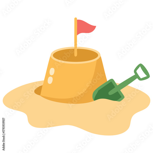 Sandy beach castle with pail isolated vector illustration on white background