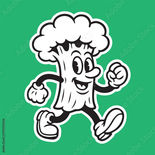 Cheerful cartoon broccoli character running with a smile, perfect for healthy eating campaigns and children's education, radiating fun and a positive message