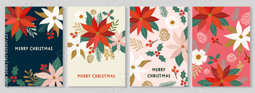 Four flat-style Christmas card designs featuring poinsettias, holly, pine cones, and floral decorations, suitable for holiday greetings, brand promotions, packaging, and digital media marketing.