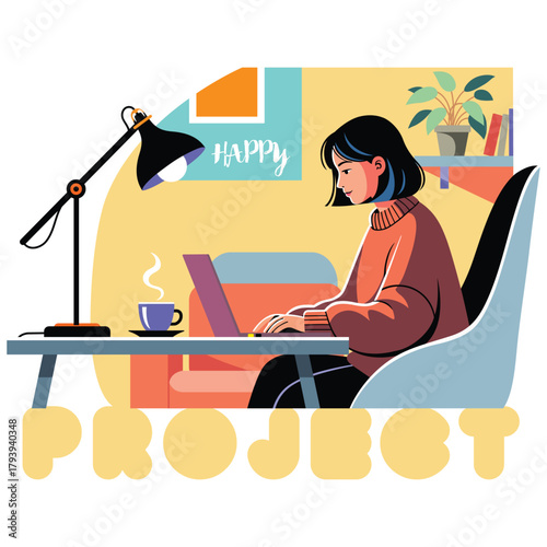 Young woman working on laptop at home desk with lamp coffee and cozy interior background modern flat illustration. Business concept