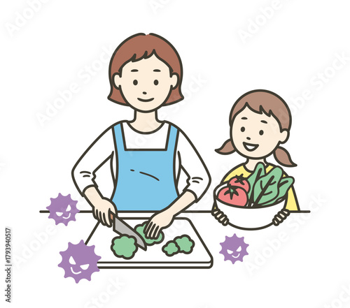 ウイルスが付いた食材を扱うお母さんと手伝いをする女の子の上半身イラスト