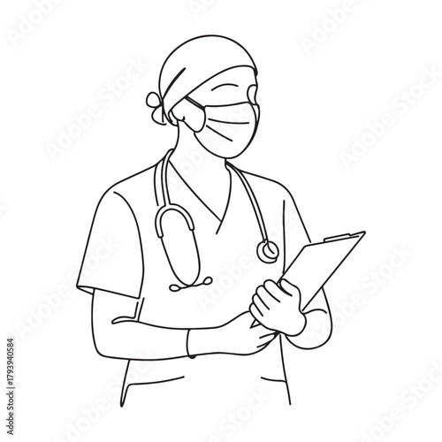 Dedicated healthcare worker in mask holding patient chart, providing essential medical care and support during challenging times, line art