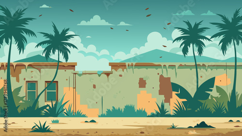 Cartoon, distressed exterior wall in dusty beige and blue-green, featuring tropical palm trees and subtle wind-blown leaves. A background for summer, beach, or abandoned tropical game levels.