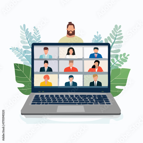 Illustration of a man participating in a virtual Spanish business meeting on a laptop with multiple participants on screen.