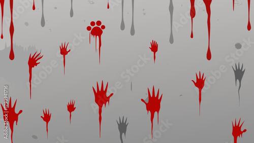 Grungy background pattern of blood-red handprints and paw prints dragging down a gray, dripping wall, creating a terrifying seamless texture for horror, crime, or zombie game levels.