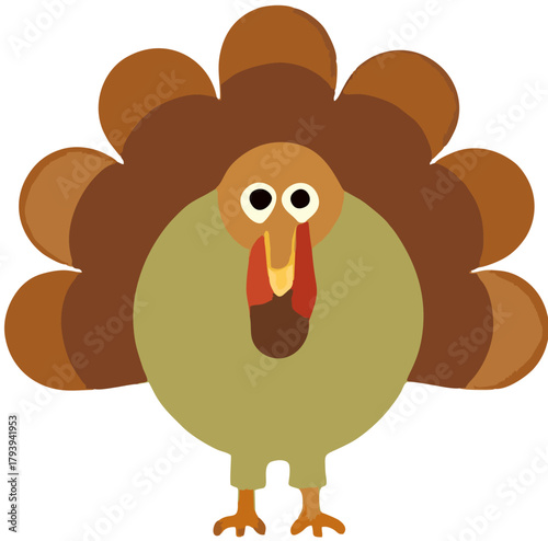 A charming cartoon illustration of a friendly turkey with large brown tail feathers fanned out, perfect for Thanksgiving holiday designs
