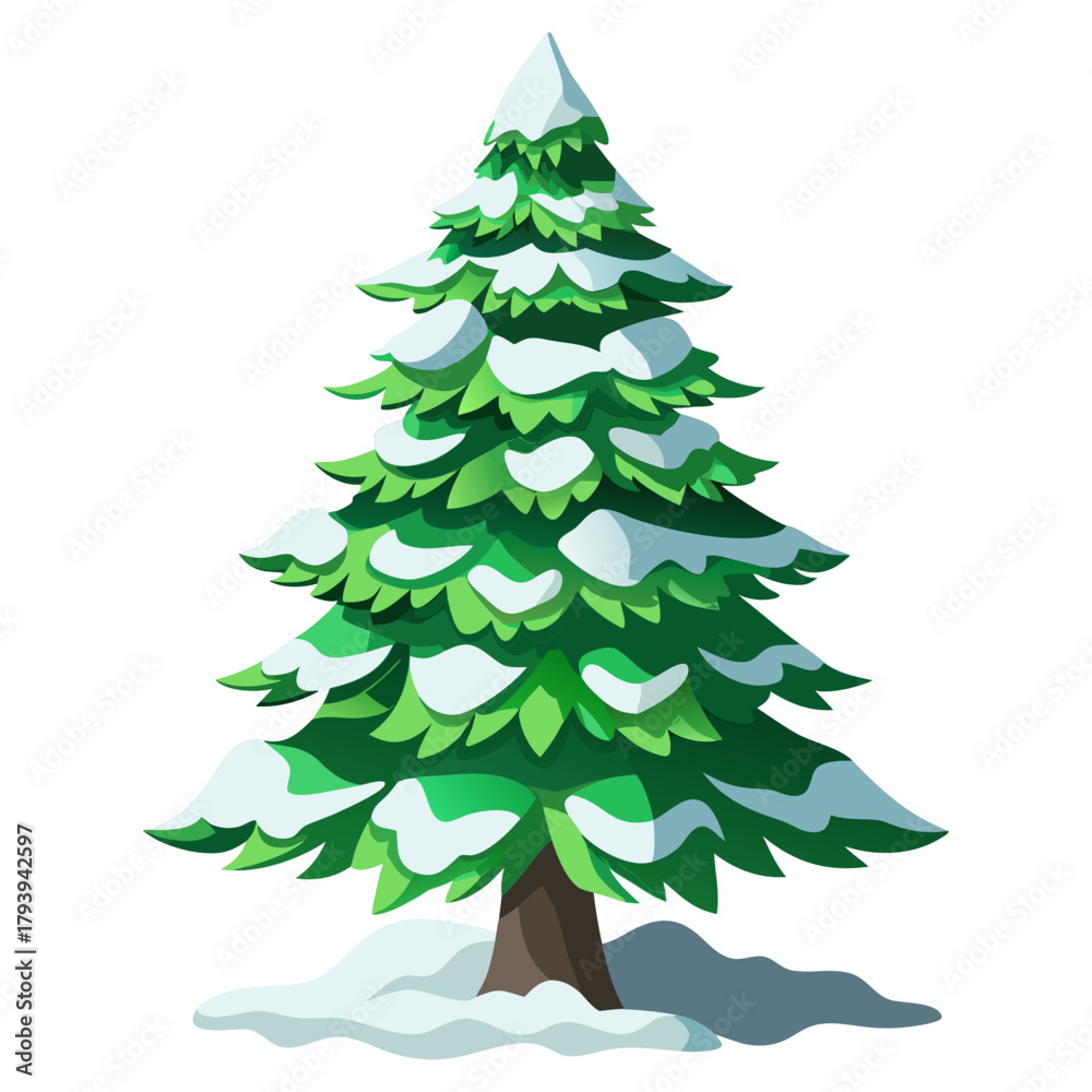 Obraz premium Detailed cartoon illustration of a snow-covered evergreen pine tree with a rich green color. A festive, single object asset for winter, holiday, and seasonal celebration designs.