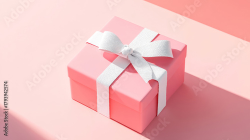 Minimal pink pastel color gift box or present with white rope ribbon bow isolated on light pink background with shadow minimalist conceptual 3D rendering