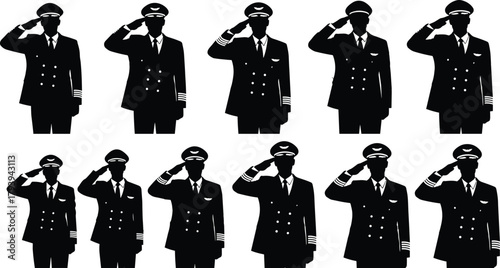 Silhouette of airline pilots saluting in uniform, black and white, aviation crew, formal gesture, professional posture, pilot ceremony, discipline