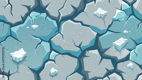 cartoon pattern of cracked, icy ground in blue and gray tones, featuring frost and scattered snow chunks. A repeating texture for game backgrounds, winter concepts, and environmental design.