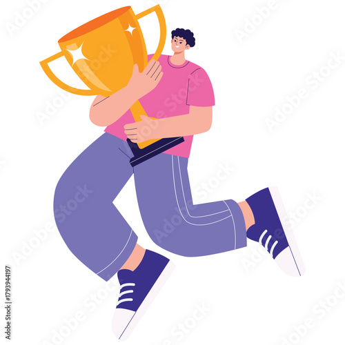 Happy Competition Illustration. Vector illustration of Smiling winner hugs a large gold trophy with pride and joy. Isolated on background