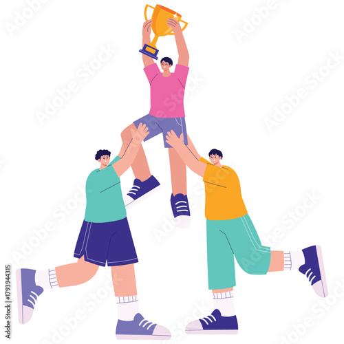 Happy Competition Illustration. Vector illustration of Teammates lift a champion holding a trophy high, showing unity and support. Isolated on background