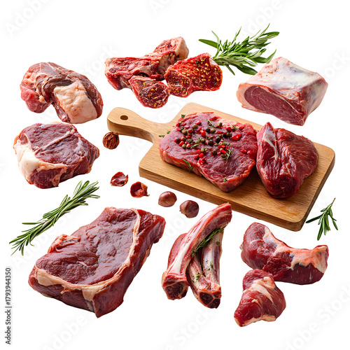 Mixed raw red meat selection beef, pork, lamb with spices and herbs transparent PNG