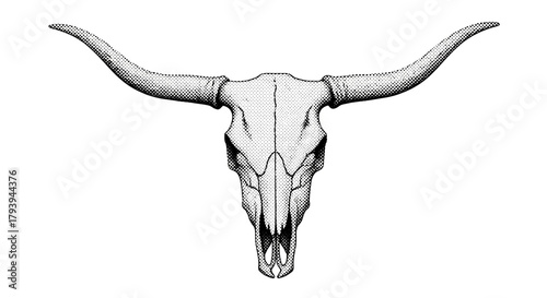 Wallpaper Mural Striking bull skull with long horns presented with vintage halftone dot shading, perfect for western themes and bold graphic designs. Torontodigital.ca