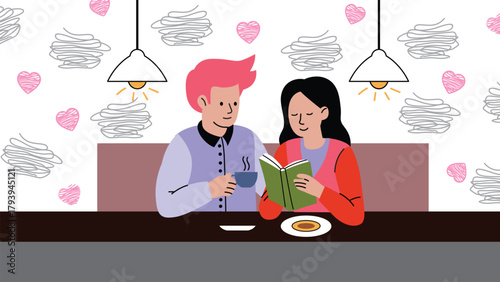 Romantic couple drinking coffee and reading book together illustration