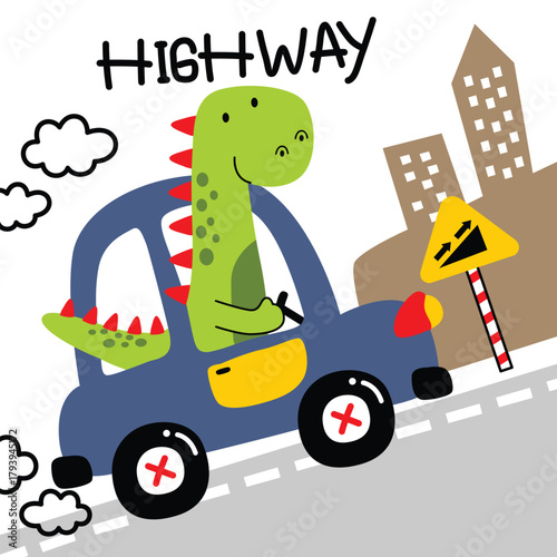 Green dinosaur driving car on city highway cartoon illustration