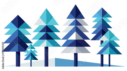 Stylized geometric evergreen trees in varying shades of blue, turquoise, and white. A modern, minimalist illustration representing winter, nature, forests, and holiday season design.