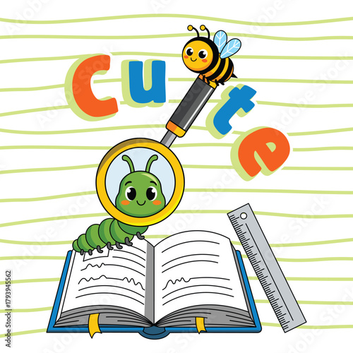 Bee and caterpillar cute school book learning cartoon illustration