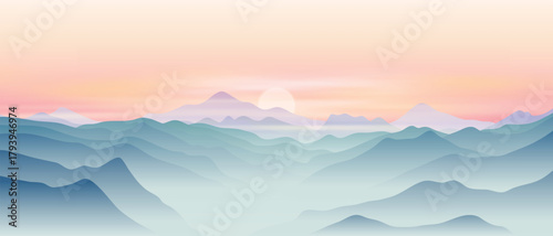 Sunset in the mountains, ridges in the evening light and fog, minimalistic landscape, vector illustration