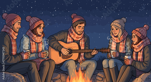 Friends gathered around a warm campfire at night, enjoying music and hot drinks under a starry sky.