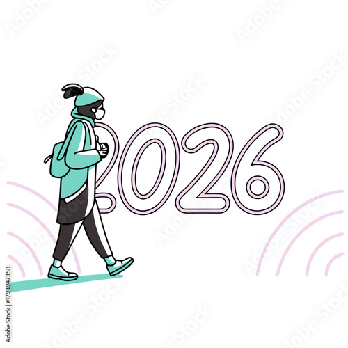 A Walk Towards 2026: A person, masked and bundled in winter attire, strides purposefully forward against a backdrop of the year 2026. conveying a sense of anticipation and resilience.