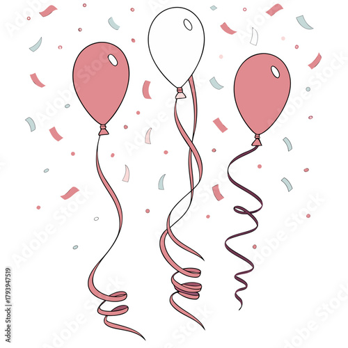 Celebratory Ascent: Three vibrant balloons, with graceful ribbons, float upwards against a backdrop of scattered confetti, embodying the joy of a special moment or event.