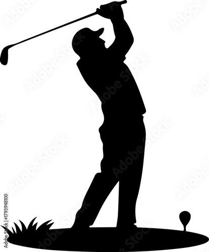 Silhouette of a golfer swinging a club on a tee box