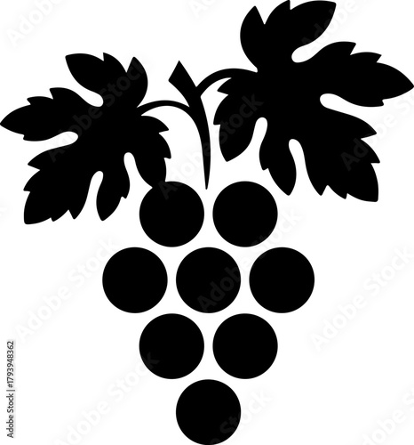 Simple black silhouette of a bunch of grapes with leaves