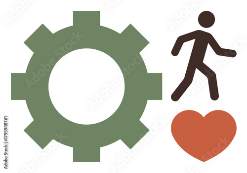 Gear symbolizing work, heart representing passion, and walking figure denoting active lifestyle. Ideal for productivity, teamwork, balance, health, motivation growth wellness. Simple flat metaphor