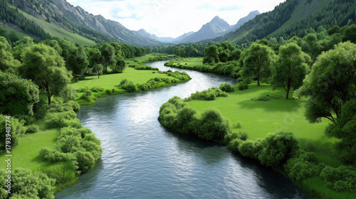Serene landscape featuring winding river surrounded by lush greenery and mountains in background, evoking sense of tranquility and natural beauty