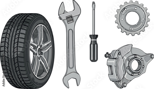 Car Repair Tools and Parts Tire Wrench Screwdriver Sprocket Caliper.