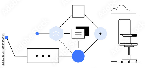 Abstract diagram with nodes, lines, shapes, documents, and an office chair under a cloud. Ideal for workflow, organization, technology, remote work business processes teamwork and innovation
