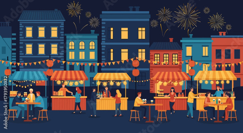 Celebrate Summer Festivals with Friends and Tasty Street Food Under the Fireworks at a Vibrant Night Market, Perfect for Community Events and Gatherings
