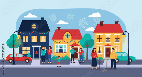 Festive neighborhood celebration as families light sparklers and enjoy the holiday season, creating a warm and joyful community gathering