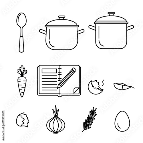 Cooking inspiration with classic kitchenware and fresh ingredients, sketch of recipes for home cooking, great for culinary blogs and websites