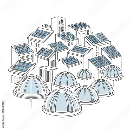 Sustainable city concept showcases solar panels on buildings and futuristic architecture, promoting clean energy and a modern, eco friendly lifestyle vision