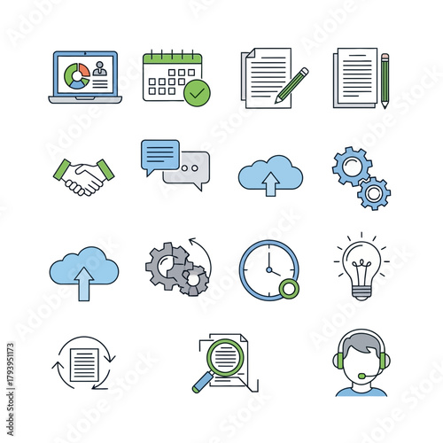 Modern business icons showcasing collaboration, planning, tech support, and innovation, perfect for presentations, websites, and reports needing visual impact