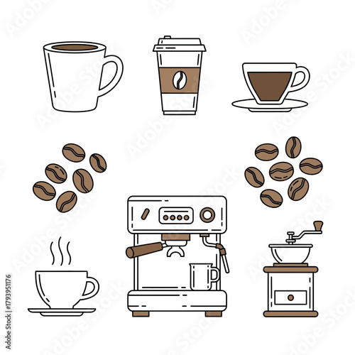 Brewing bliss with elegant coffee elements, savor the aroma of freshly roasted beans with a grinder, espresso machine, and assorted cups for your daily fix