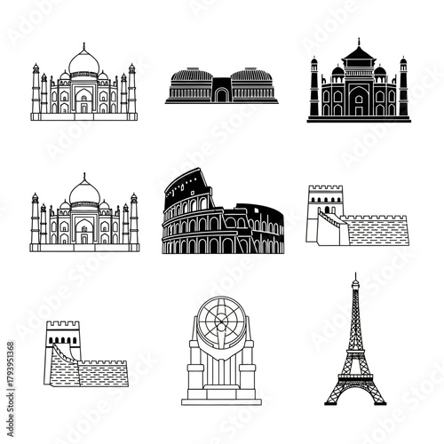 World Famous Landmarks and Monuments Icons Set