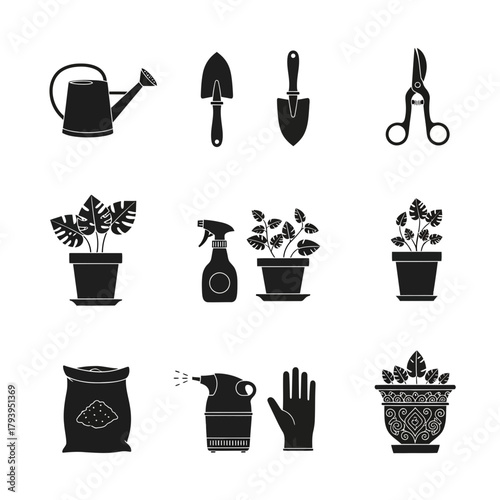 Gardening Tools and Potted Plants Icon Set
