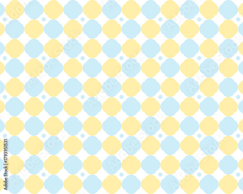 パステルカラーの四つ葉/梅鉢紋シームレスパターン 可愛い黄色と水色の和柄風背景 Cute Yellow and Blue Floral Tile Wallpaper