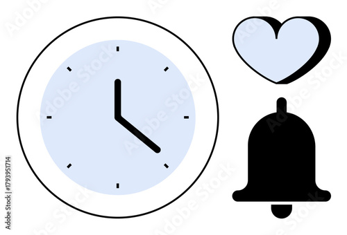 Clock with blue face, heart icon, and black bell symbolize time, affection, and notifications. Ideal for time management, reminders, love care efficiency focus and alerts. Simple flat metaphor